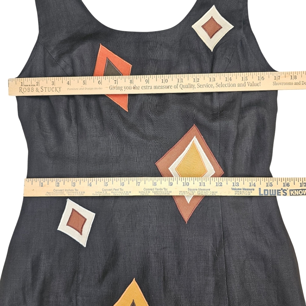 Andrea Jovine Vintage Black Linen Diamond Patch Sleeveless Sheath Dress Size 12 - Picture 5 of 10